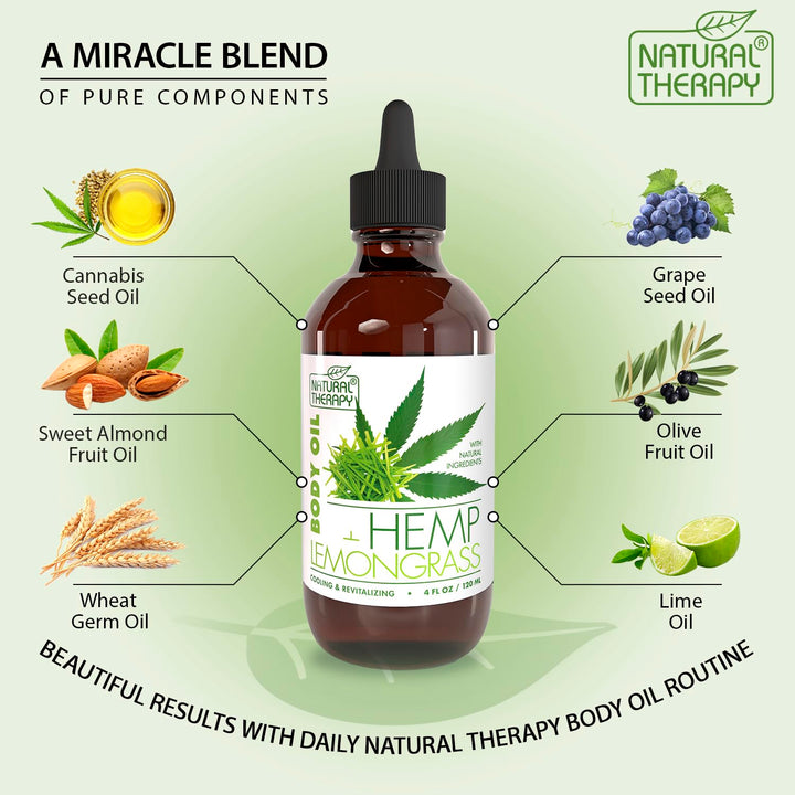 Natural Therapy Body Oil with Hemp & Lemongrass - Dry Skin Moisturizer and Hydrating Massage Oil - Increase Skin Elasticity and Provide Anti-Aging Support for Face and Body (4 fl.oz)
