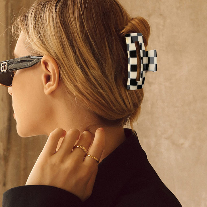 Magicsky 4PCS Hair Claw Clips, Acrylic Banana Barrettes Butterfly French Jaw Clip, Big Hair Clip Hairclips for Thick Thin Hair- Styling Accessories for Women Girls, Large Checkerboard, Leopard, White