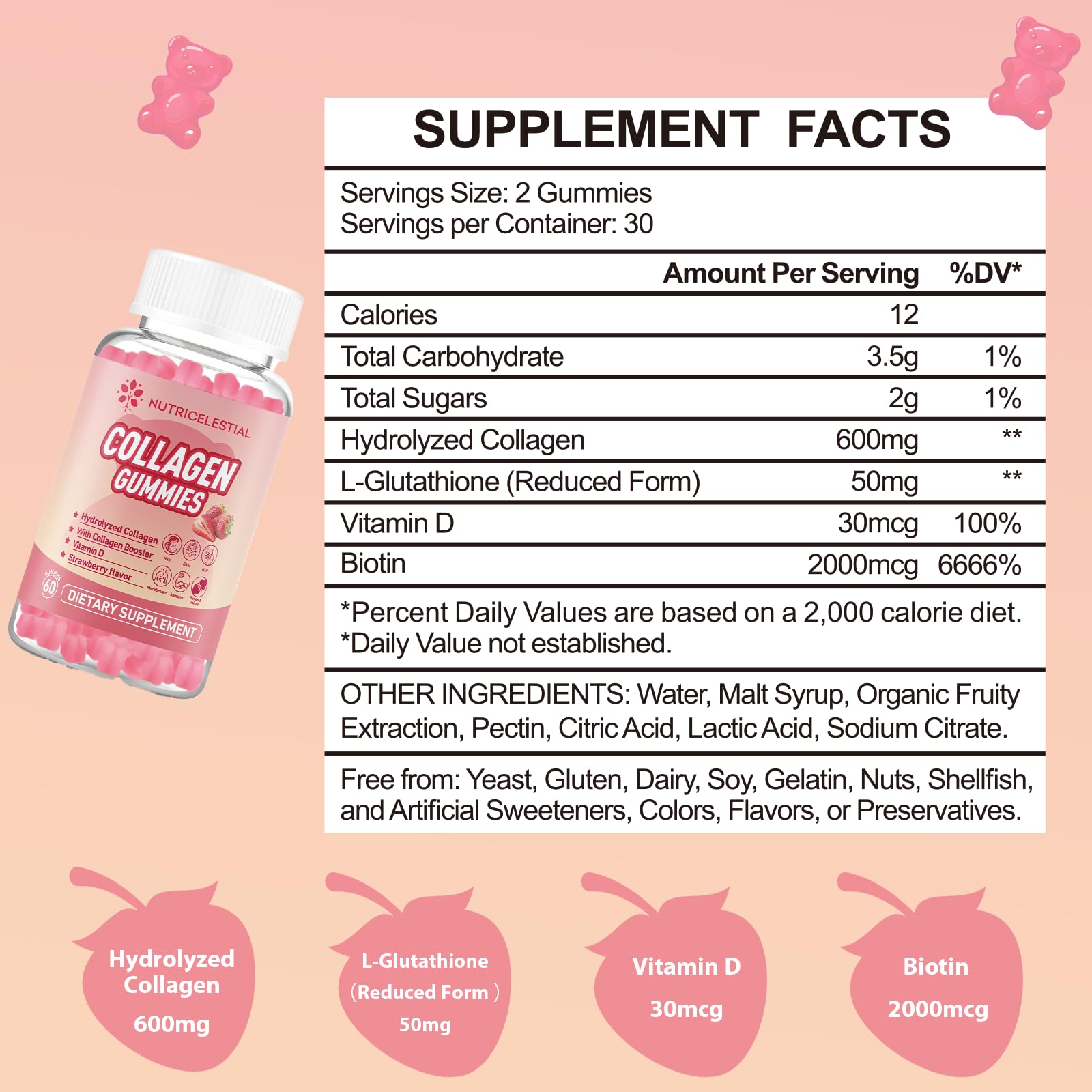 NUTRICELESTIAL Collagen Gummies - Hydrolyzed Collagen with Vitamin D & Biotin, 60 Strawberry Gummies, May Support Skin, Hair, Nails, Immune & Joint Health - Non-GMO, Gluten & Dairy-Free