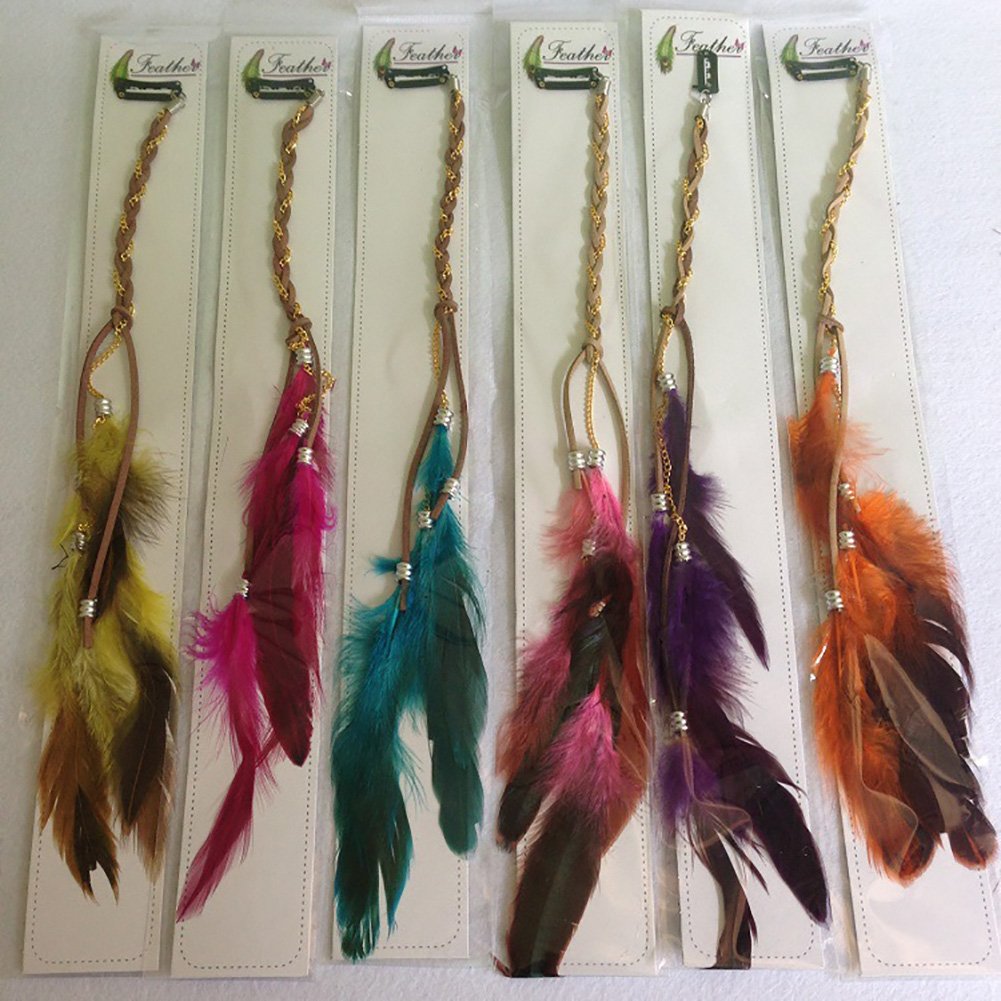 6PCS Women Lady Girls Handmade Boho Hippie Hair Extensions with Feather Clip Comb DIY Accessories Hairpin Headdress