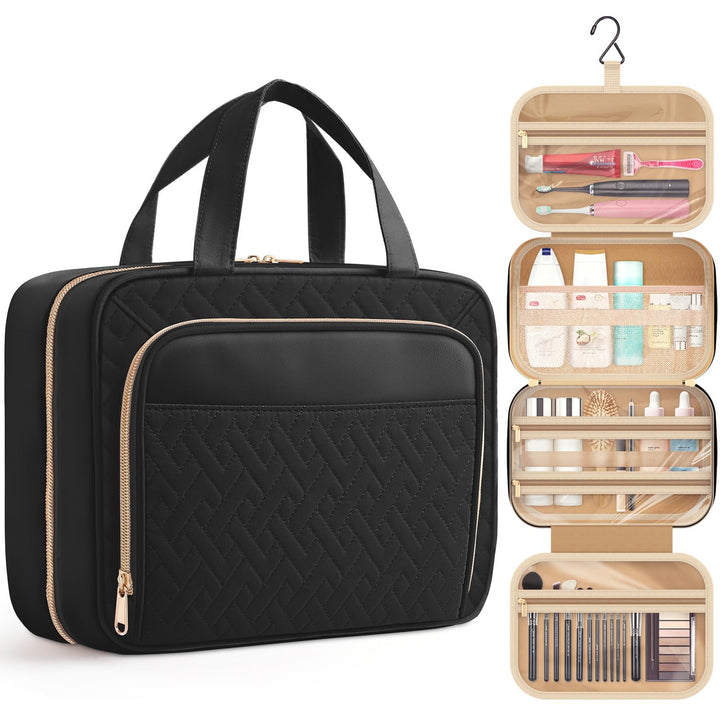 HOTOR Travel Toiletry Bag for Women & Men, Waterproof Makeup Bag with Hanging Hook and Multiple Pockets, Cosmetic Bags for Women, Travel Essentials, 12.6'' x 4.3'' x 9.9'', Black