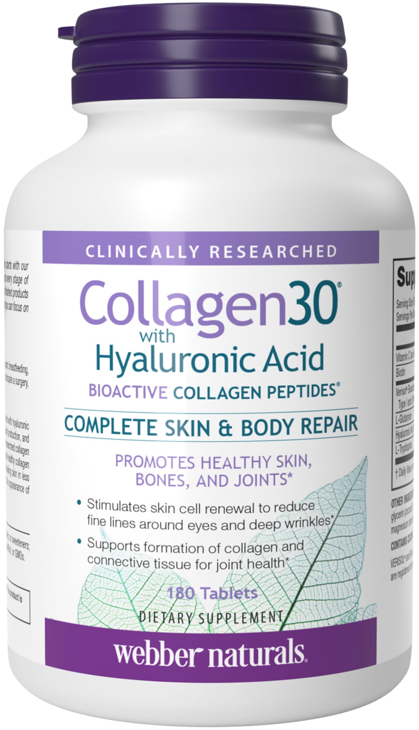 Webber Naturals Collagen30 with Hyaluronic Acid, Bioactive Collagen Peptides, 180 Tablets, Helps Reduce Eye Wrinkles and Fine Facial Line, Non GMO