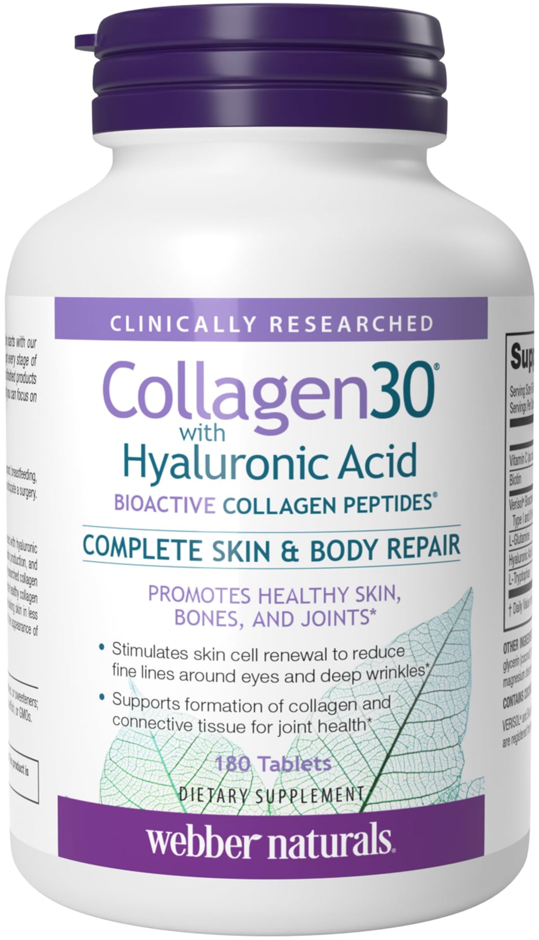 Webber Naturals Collagen30 with Hyaluronic Acid, Bioactive Collagen Peptides, 180 Tablets, Helps Reduce Eye Wrinkles and Fine Facial Line, Non GMO