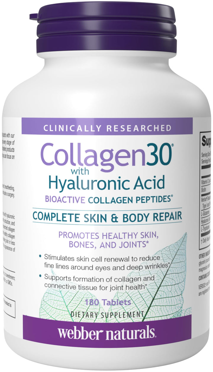 Webber Naturals Collagen30 with Hyaluronic Acid, Bioactive Collagen Peptides, 180 Tablets, Helps Reduce Eye Wrinkles and Fine Facial Line, Non GMO