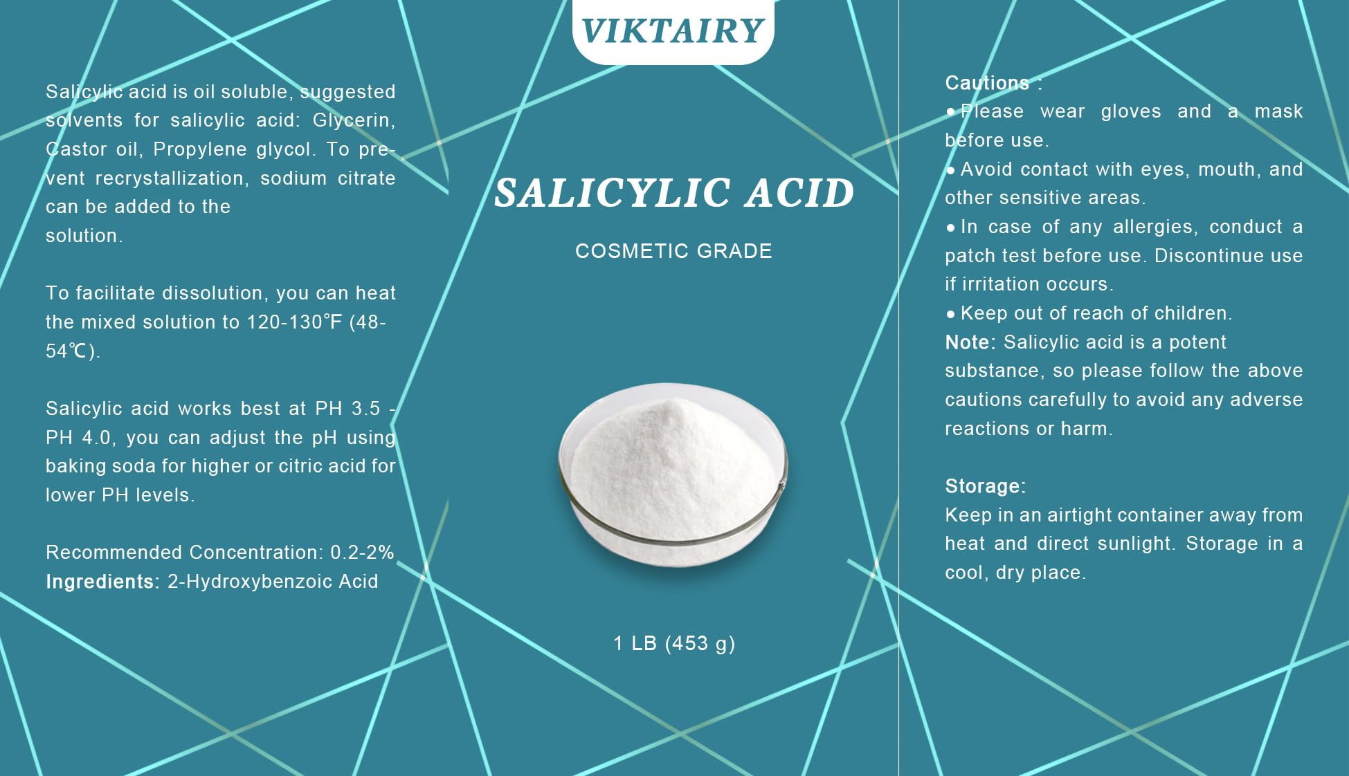 1 LB Salicylic Acid Powder Cosmetic Grade, Pure Original Ingredients for skin with no Additives, BHA Exfoliant for DIY Cleanser, Toner, Shampoo, Body Wash, Lotion