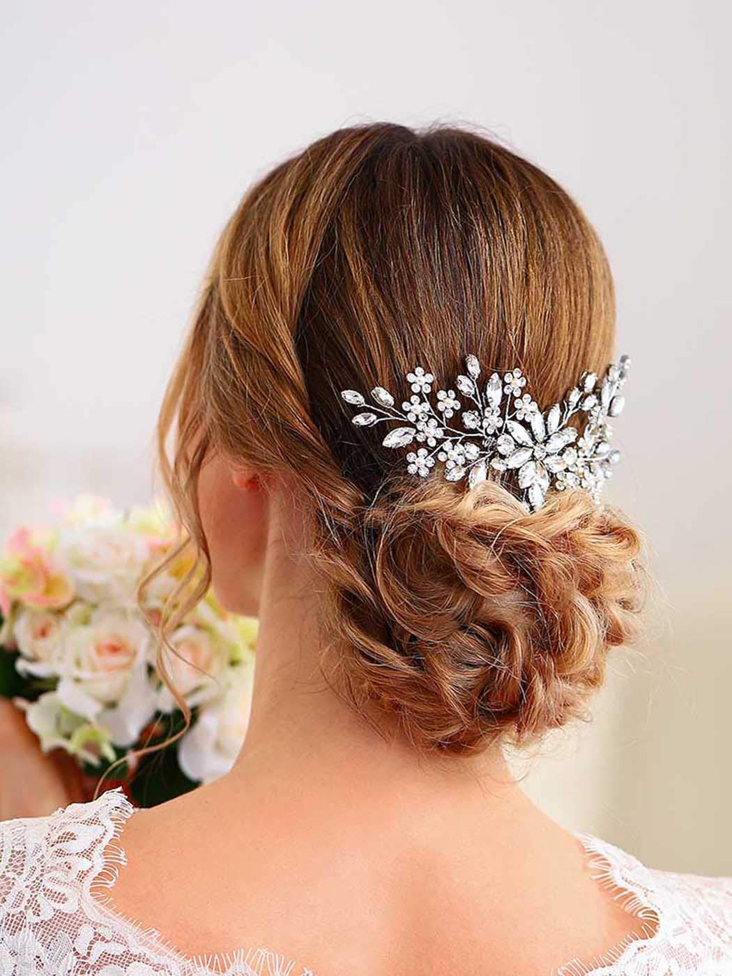 Unsutuo Crystal Bride Wedding Hair Comb Silver Rhinestone Flower Bridal Hair Pieces Pearl Wedding Hair Accessories for Women and Girls… (Silver)