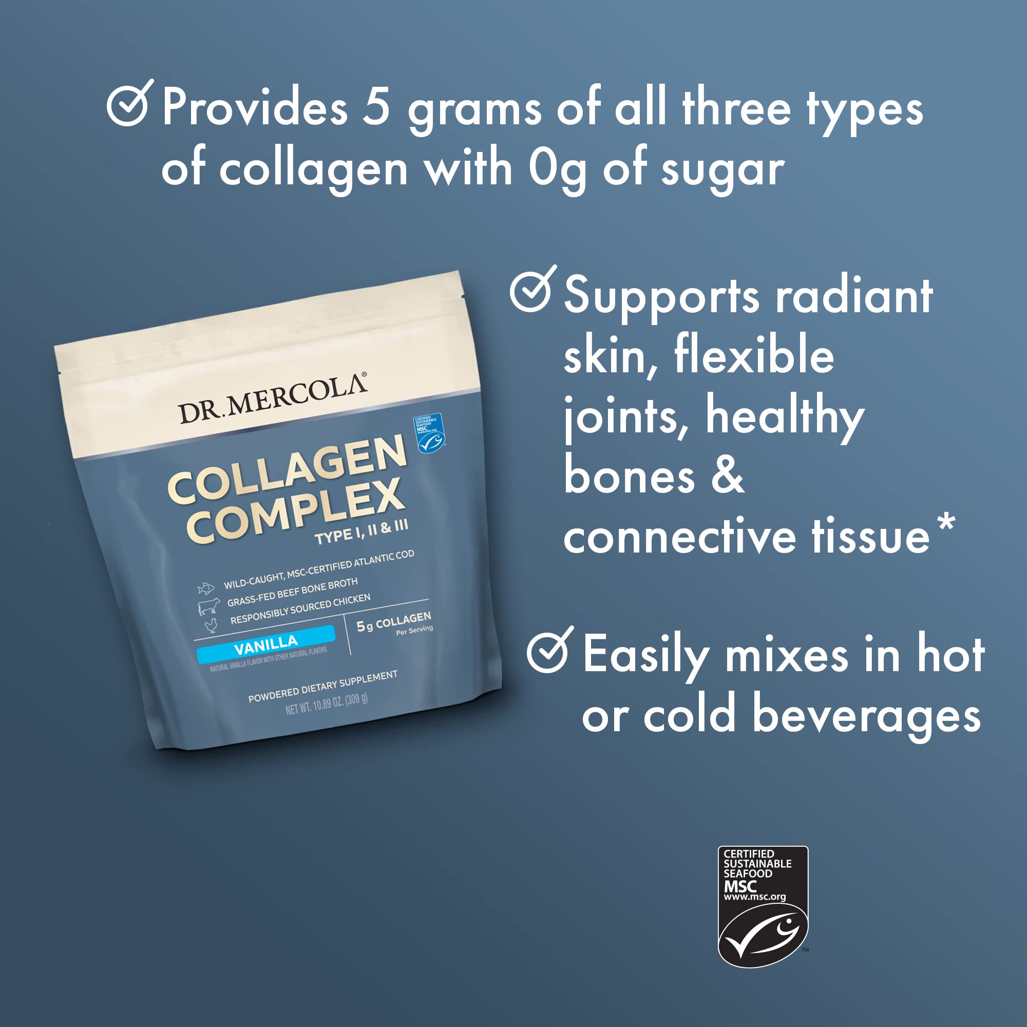 Dr. Mercola Collagen Complex Powder, Vanilla Flavor, 30 Servings, Powdered Dietary Supplement, Supports Youthful-Looking Skin, Non-GMO, MSC Certified