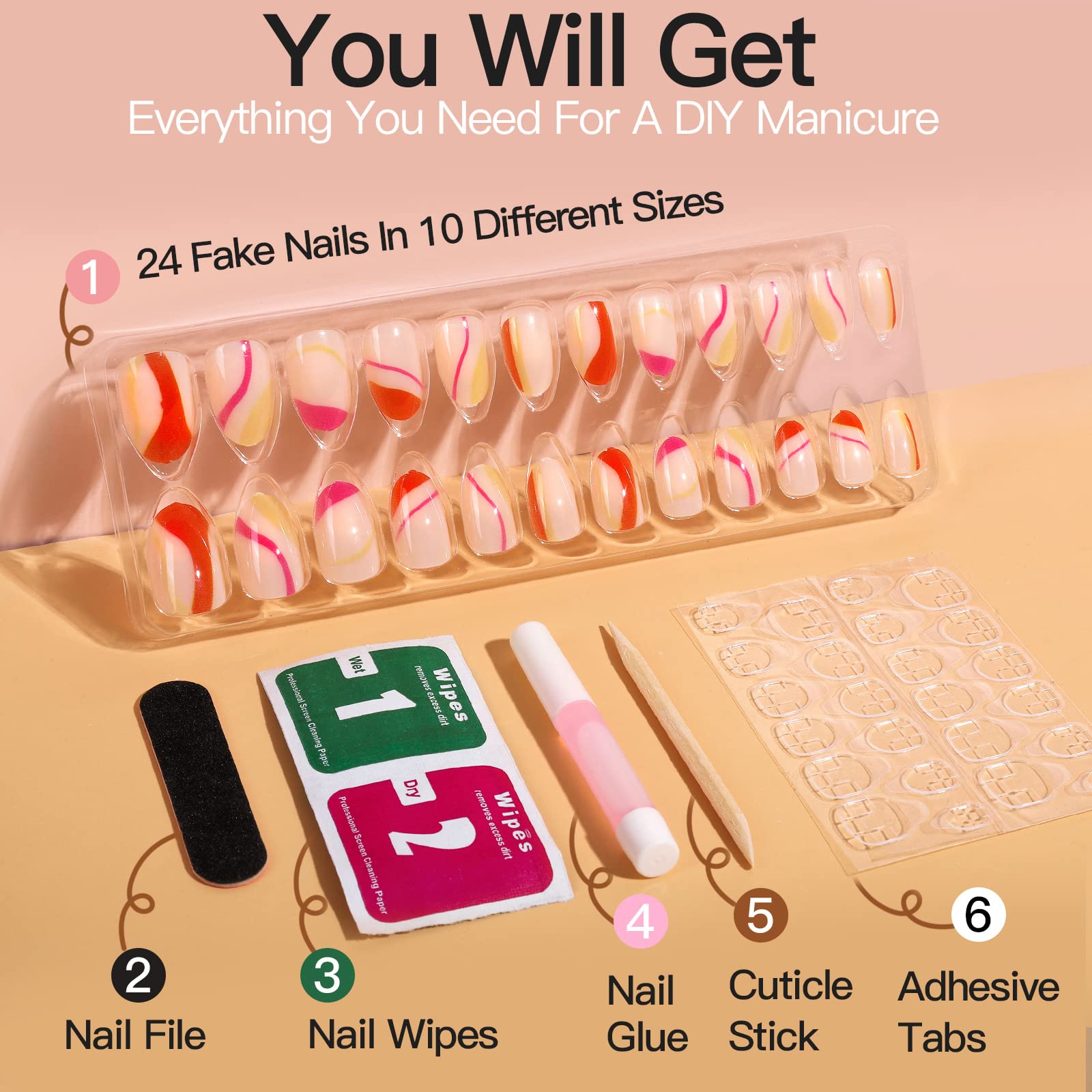 Teenitor Short Oval Nails Red Abstract Swirl Press On Nails Cute Designs Glue On Nails, Oval Short Press On Nails With Designs, 24pcs Reusable Short Acrylic Fake Nails with Glue