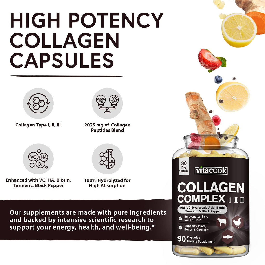Vitacook Collagen Peptides Complex, Type I, II, III, 2025 MG, Hydrolyzed Multi Collagen, VC, Biotin, HA, Turmeric & Black Pepper, for Skin, Hair, Nails, Joints, 90 Caps
