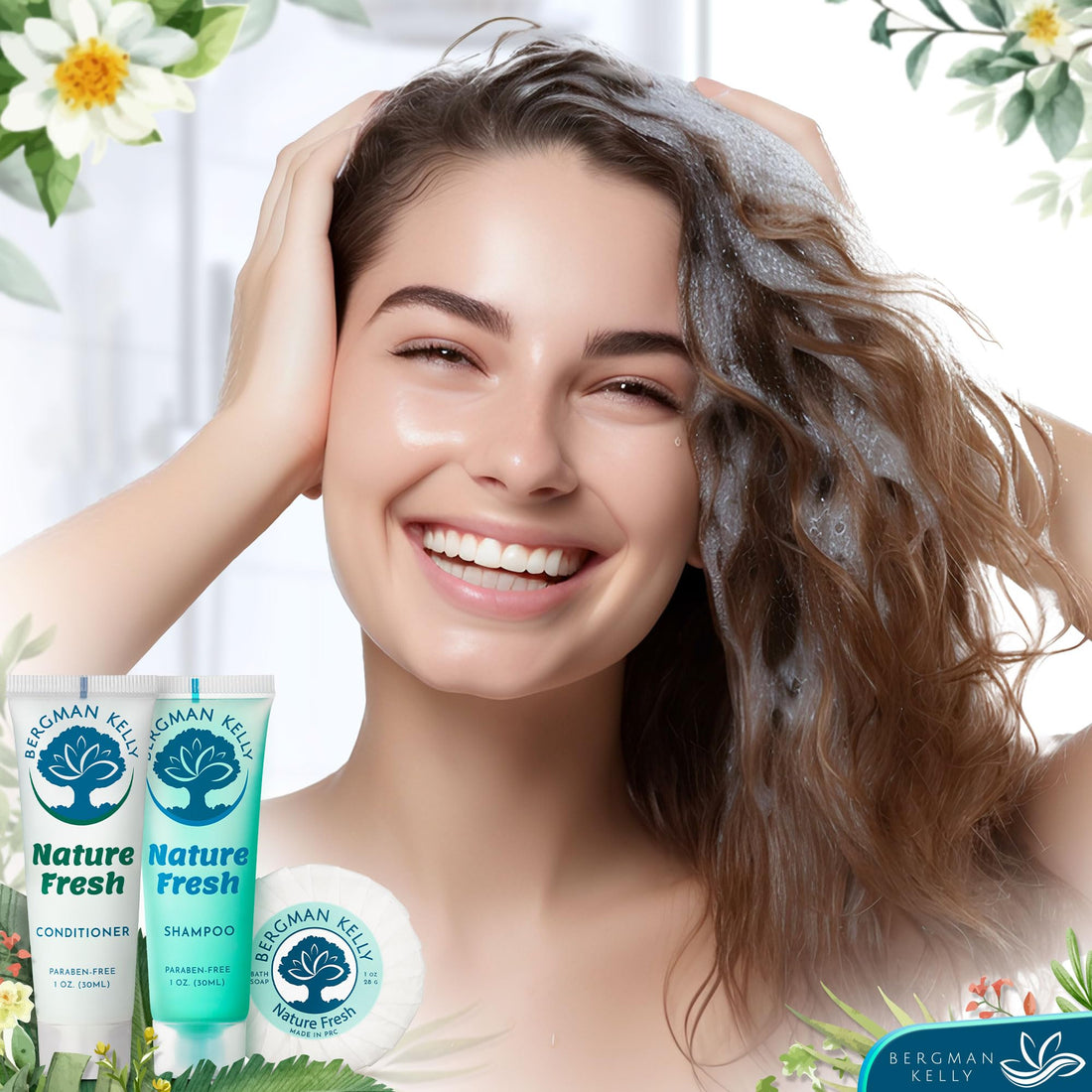 BERGMAN KELLY Round Hotel Soap Bars, Shampoo & Conditioner 3-Piece Set (1 oz each, 150 pc, Nature Fresh), Delight Your Guests with Refreshing & Soothing Mini Travel Toiletries & Bulk Amenities