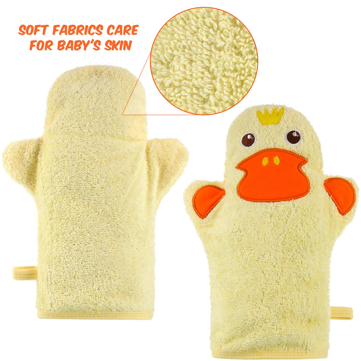 2 Pieces Baby Bath Mitt Washcloths with Cute Animal Designs Yellow Duck Shark Towel Gentle Soft Scrub for Toddler Bath and Shower