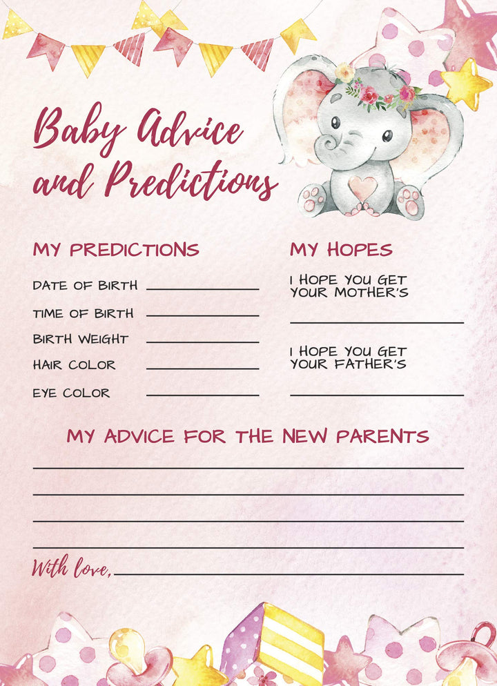50 Deluxe Pink Elephant Advice and Predictions Cards- Large Double Sided 5 x 7 Inch for Baby Girl Shower Game, New Parent Message Book, Mom & Dad to Be, Decorations