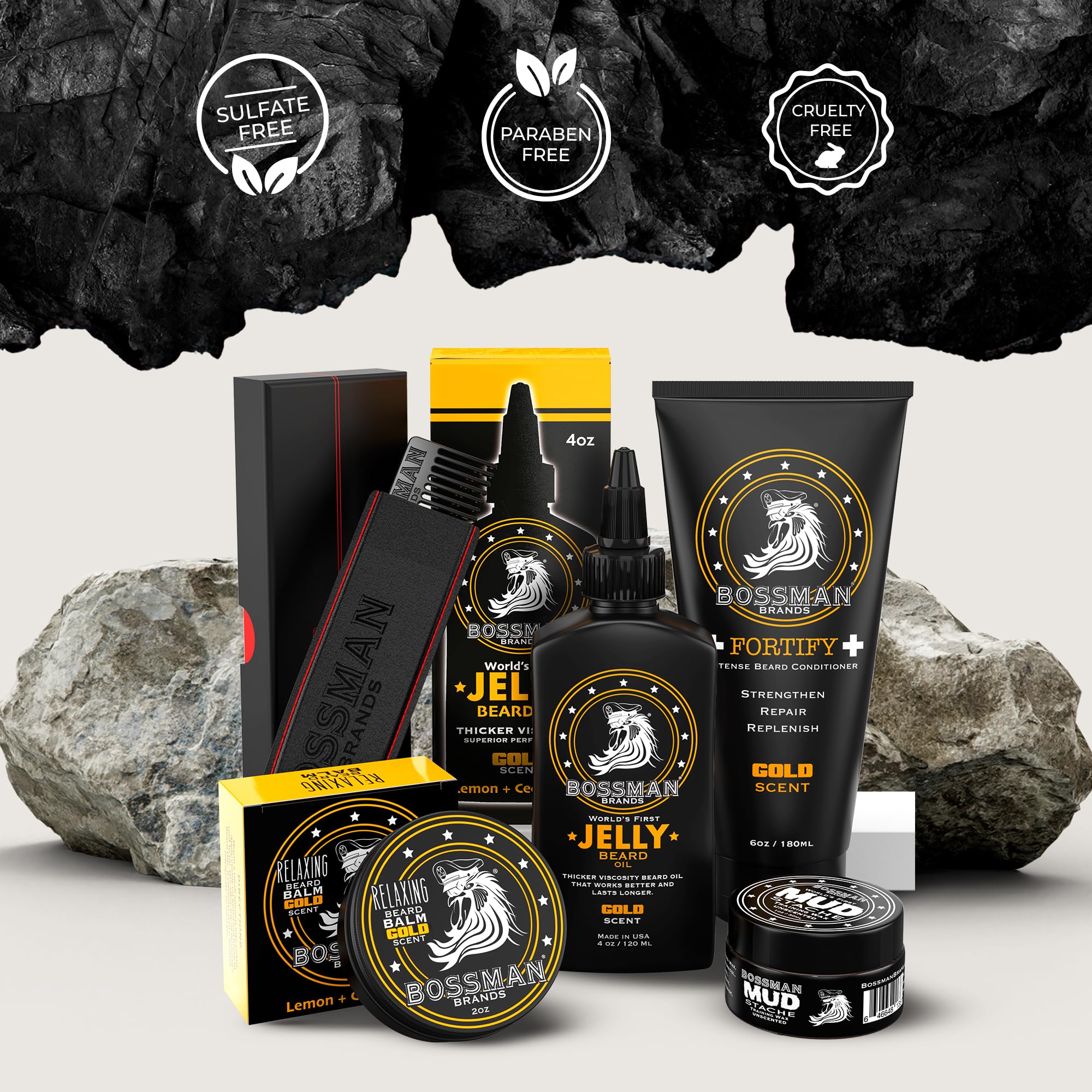 Complete Facial Hair Care Kit - Gold Scent - Jelly Beard Oil, Relax Beard Balm, Fortify Intense Beard Conditioner, Mudstache Mustache Wax and Metal Beard & Mustache Comb included by Bossman Brands
