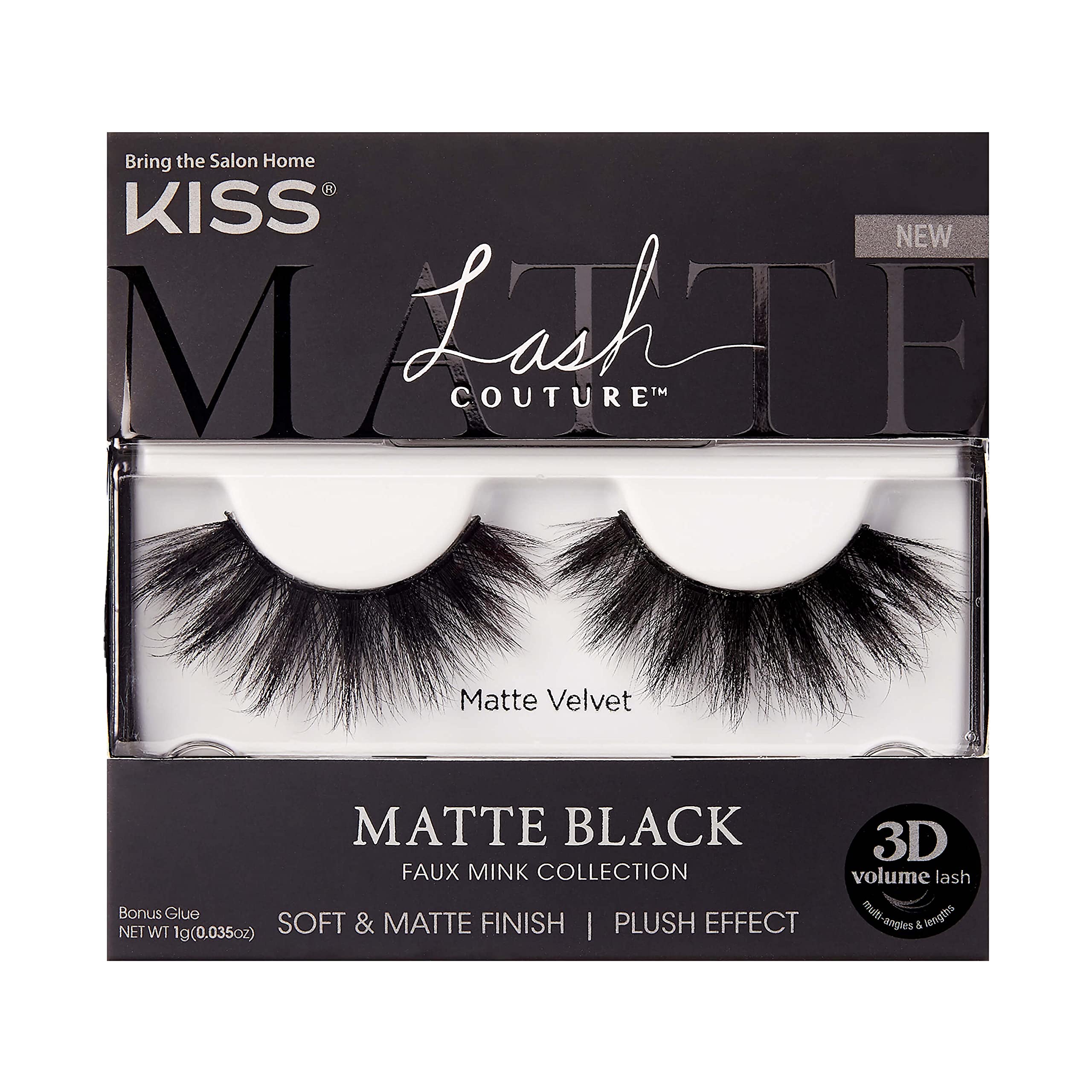 KISS Lash Couture Matte Black Faux Mink Collection, False Eyelashes 1-Pack, Soft Real Mink Texture & Matte Finish, High Impact Color, 3D Volume, Knot-Free Lash Band, Reusable, Matte Velvet, 1 Pair