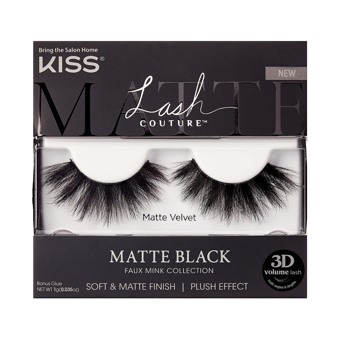 KISS Lash Couture Matte Black Faux Mink Collection, False Eyelashes 1-Pack, Soft Real Mink Texture & Matte Finish, High Impact Color, 3D Volume, Knot-Free Lash Band, Reusable, Matte Velvet, 1 Pair