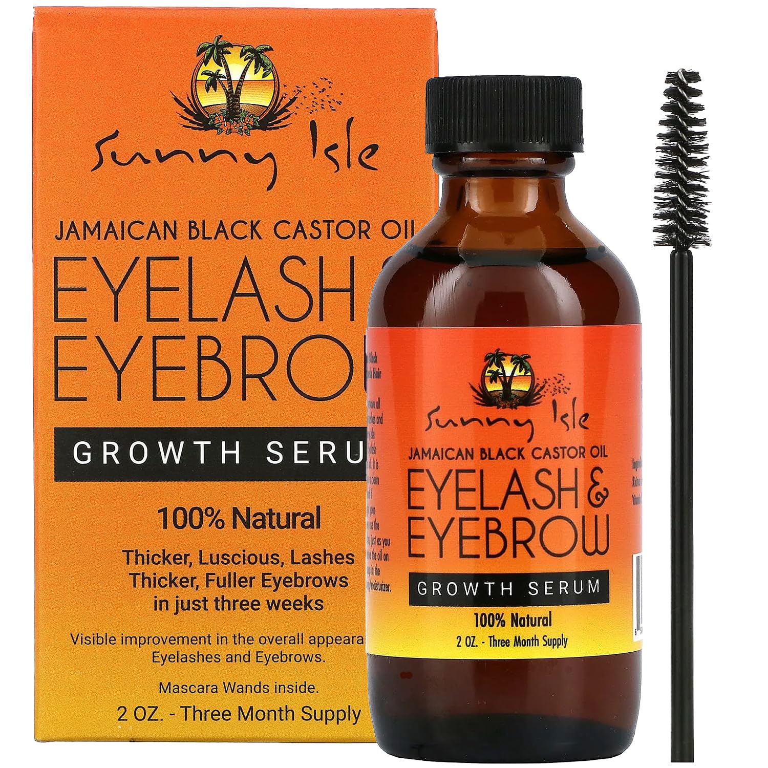 Sunny Isle Jamaican Black Castor Oil Eyelash & Eyebrow Growth Serum, Orange, 2 Ounce