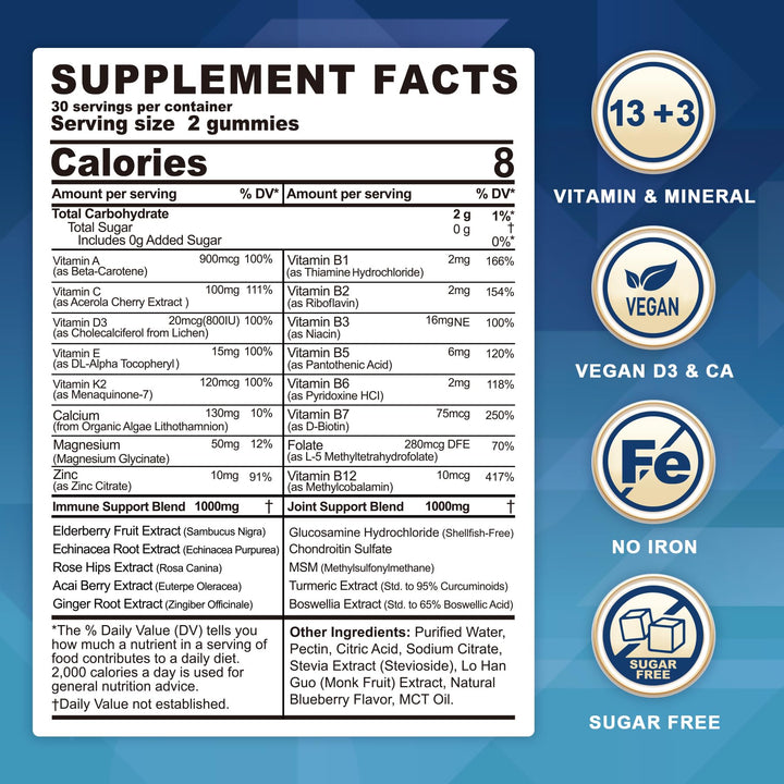 Multivitamin for Women 50 Plus & Men Gummies, Sugar Free Methylated Multivitamin Gummies with Glucosamine Chondroitin MSM for Senior, Multi Vitamin D3 K2 & A C E, B Complex, Algae Calcium Magnesium