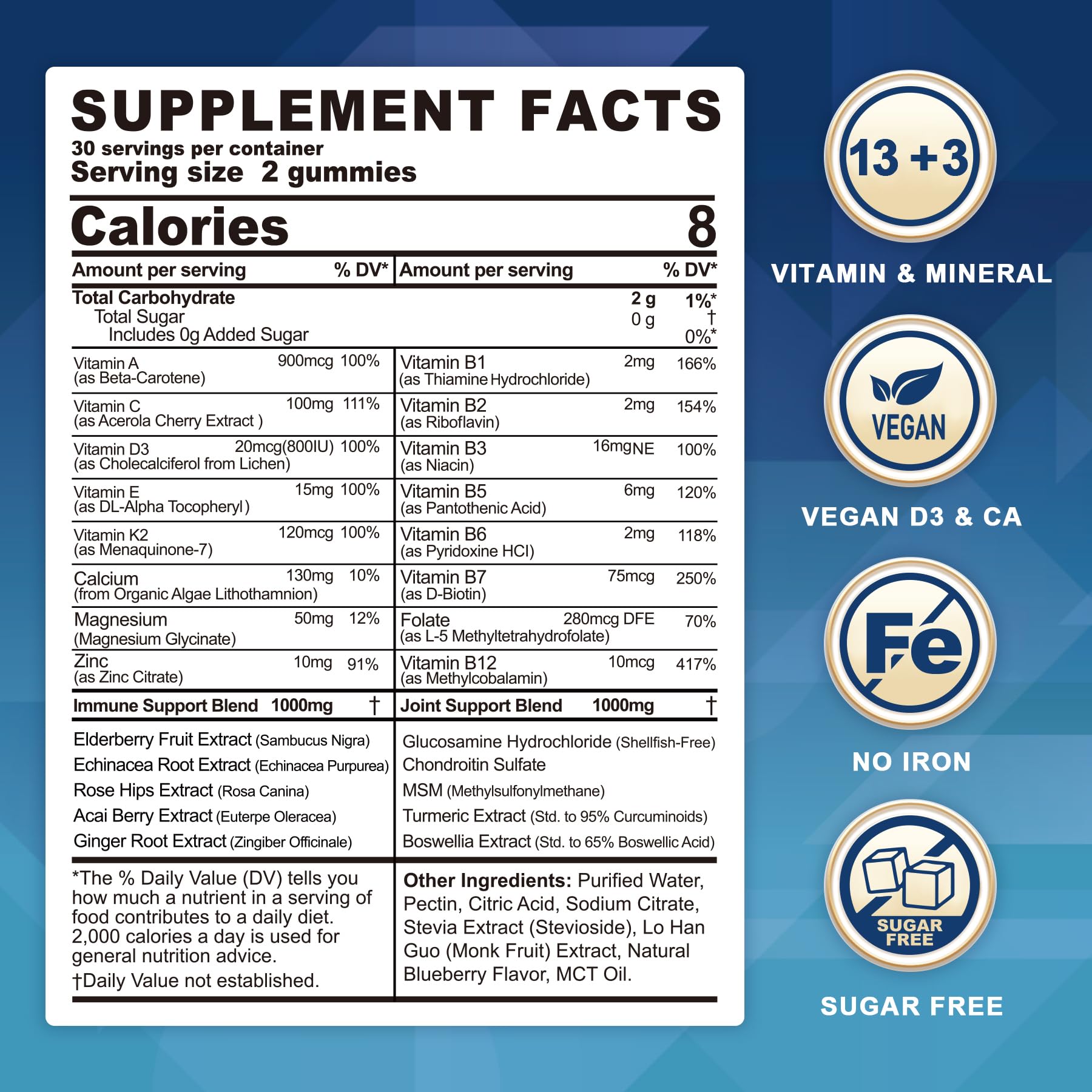 Sugar Free Methylated Multivitamin for Men & Women 50 Plus with Glucosamine Chondroitin MSM, Iron Free Gummies for Senior with Multi Vitamin D3 K2 & A C E, B Complex, Algae Calcium Magnesium - 60Cts