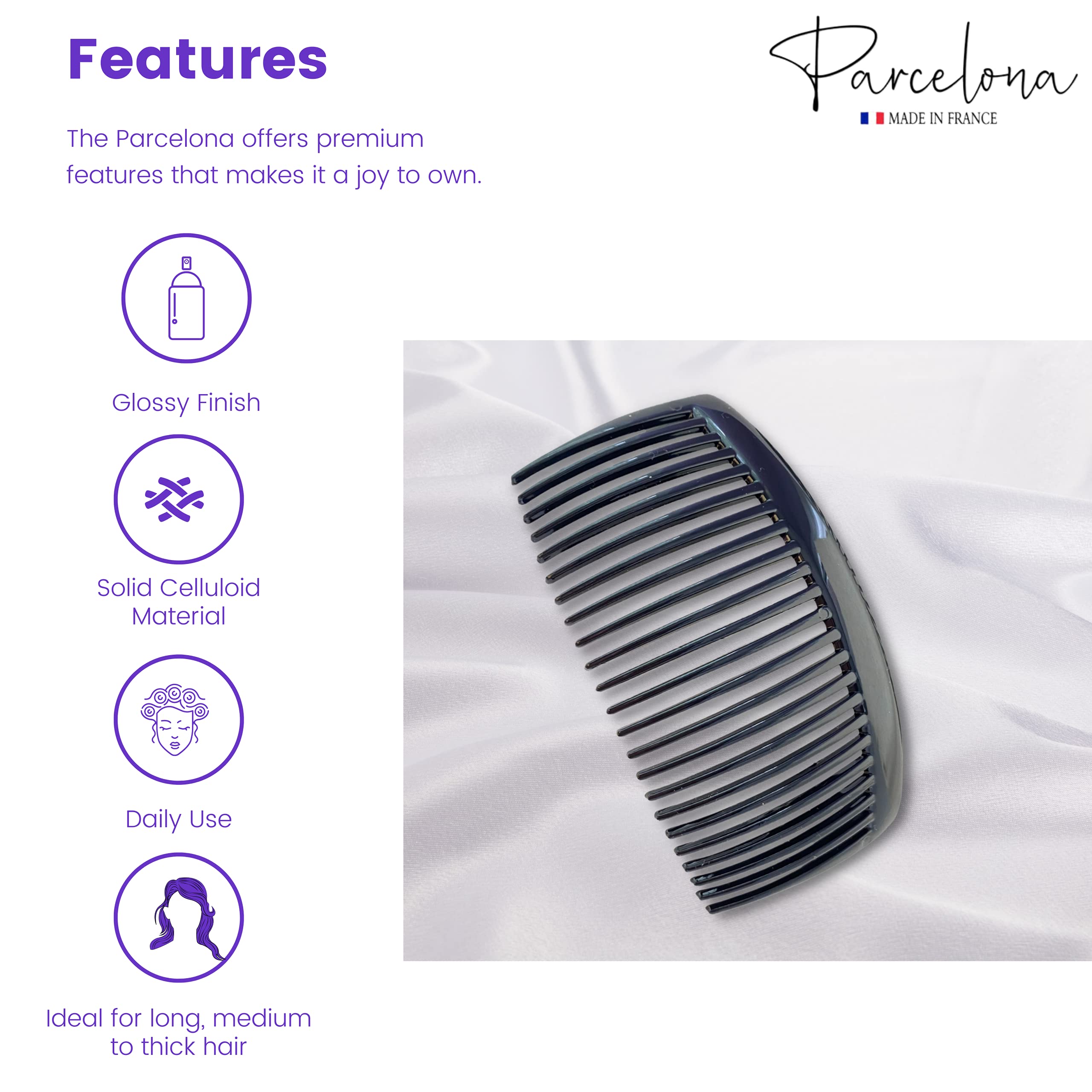 Parcelona French Large 2 Pieces Glossy Black Cellulose Acetate Good Grip Updo 23 Teeth Hair Side Combs 4.25 Inches