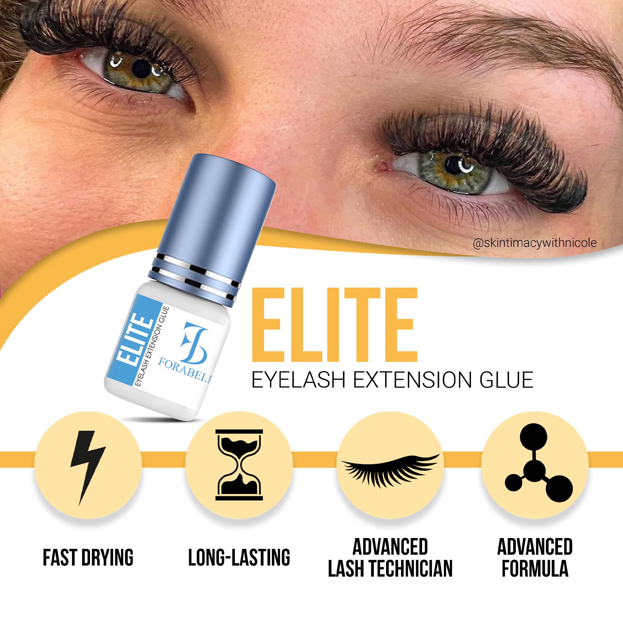 Elite Fast Dry Time Eyelash Extension Glue - Forabeli 5ml / 1 Sec Drying time/Retention – 7 Weeks/Maximum Bonding Power/Black Adhesive for Semi-Permanent Extensions/Professional Lash Supplies
