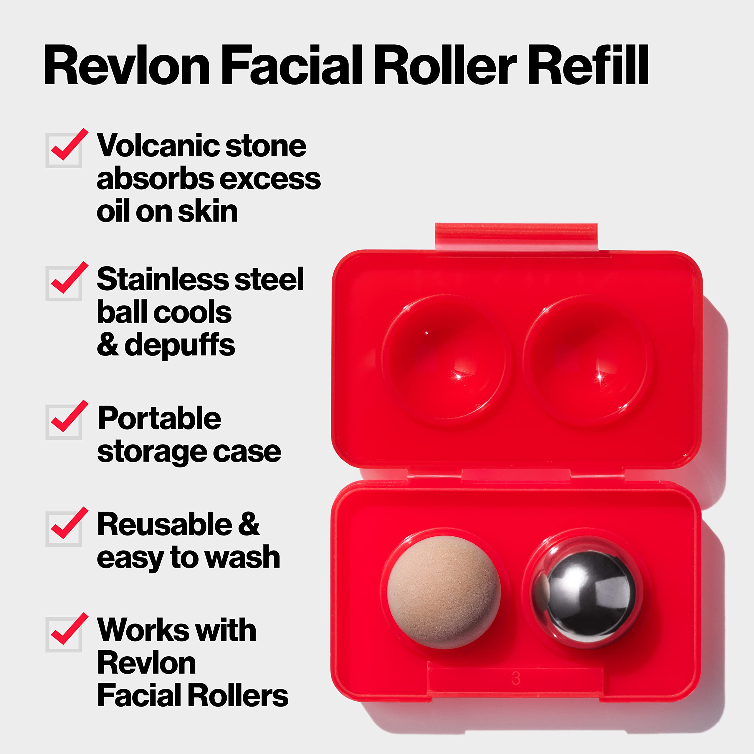 Revlon Oil Absorbing & Cooling Facial Roller Refill Pack with Volcanic & Stainless Steel Stones in Storage Case, Eco-Friendly, Easy to Clean, 1 count