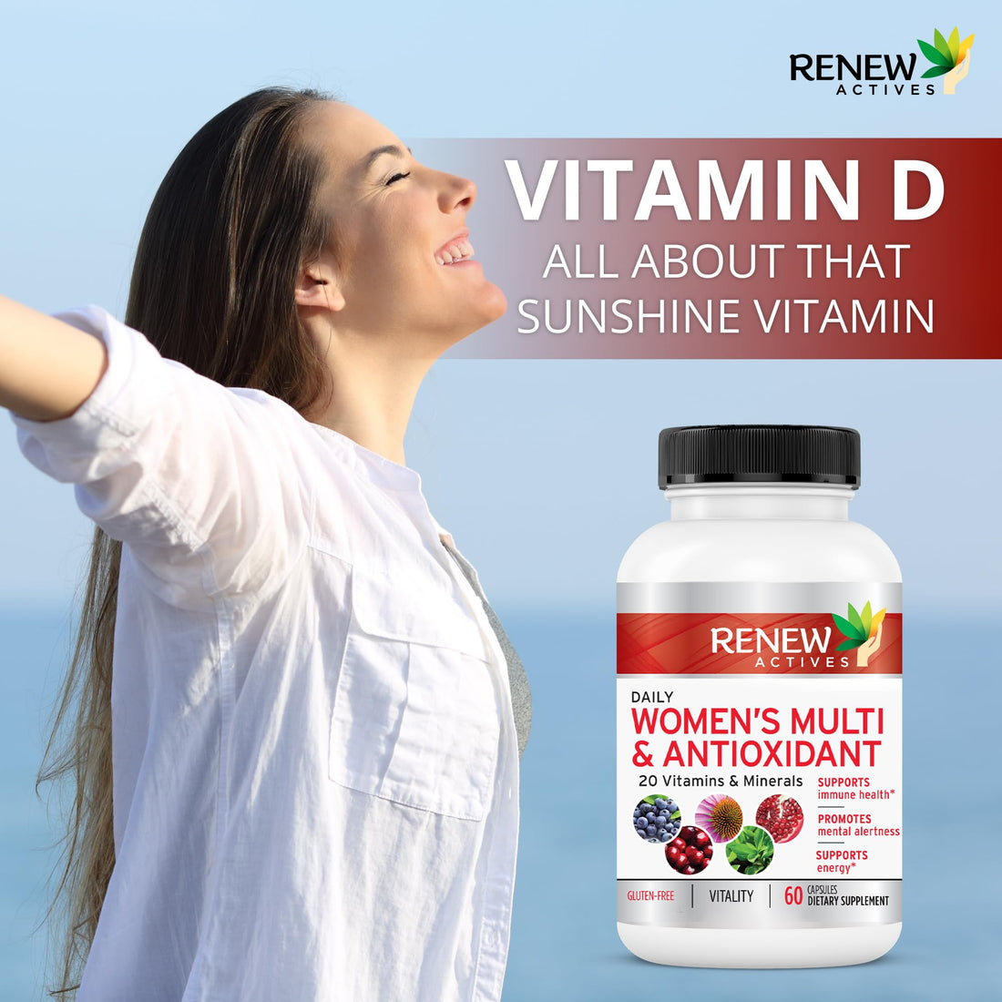 Renew Actives Women's Multi-Vitamin & Antioxidant: Daily Health Supplement - 22 Vitamins & Minerals for Energy & Mental Alertness - 60 Capsules
