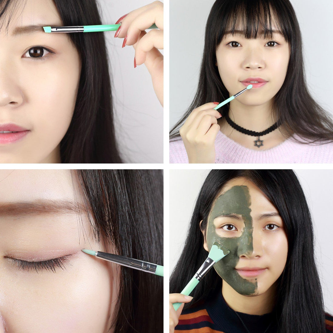 LORMAY 9-Piece Silicone Makeup Brush Set: Face Mask, Eyeliner, Eyebrow, Eye Shadow, Lip Cosmetic Brushes (Mint Green)