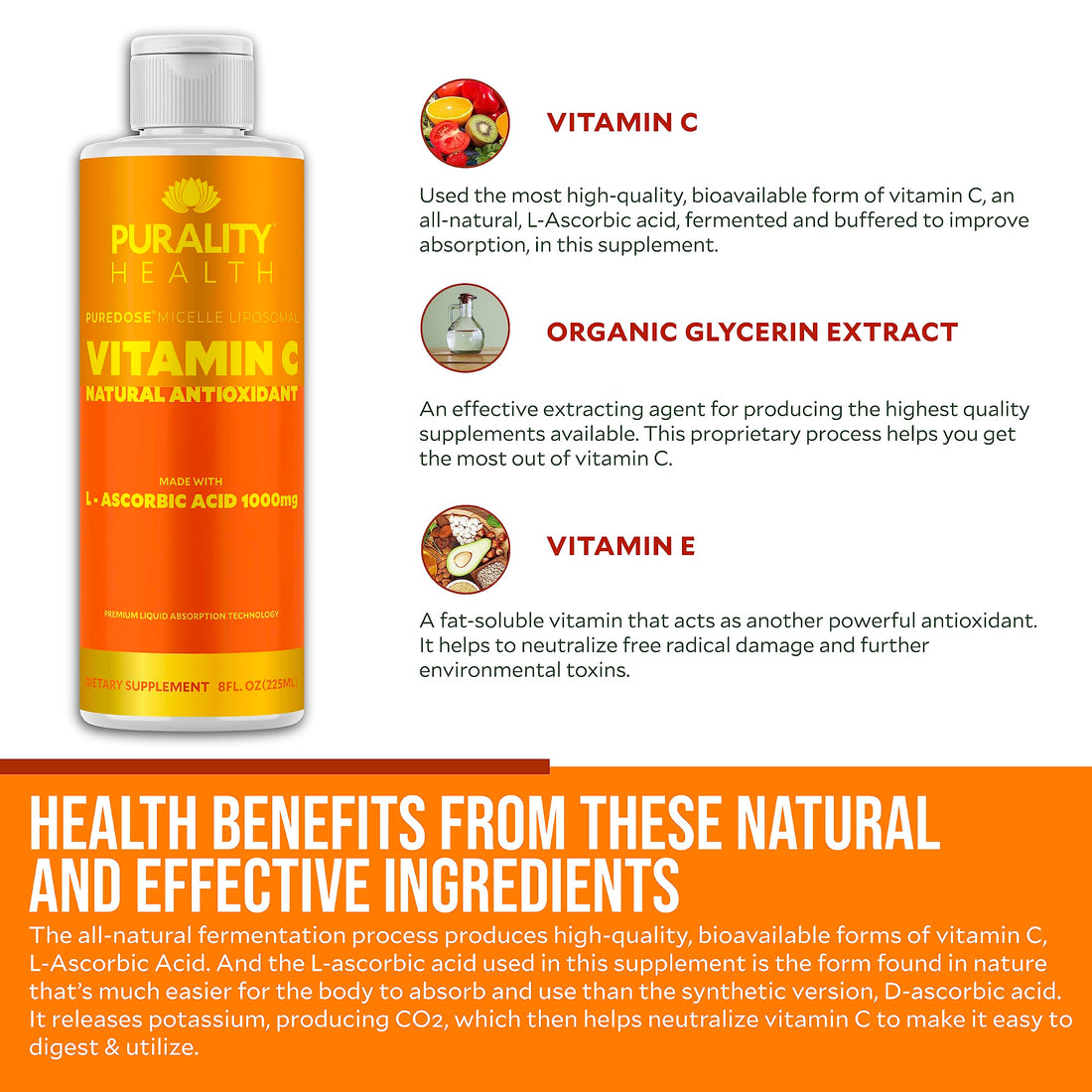 PURALITY HEALTH Vitamin C Liquid Supplement 1000mg per Serving, Micelle Liposomal Enhanced Absorption, Non-GMO, Gluten Free, Vegan, 15 Day Supply