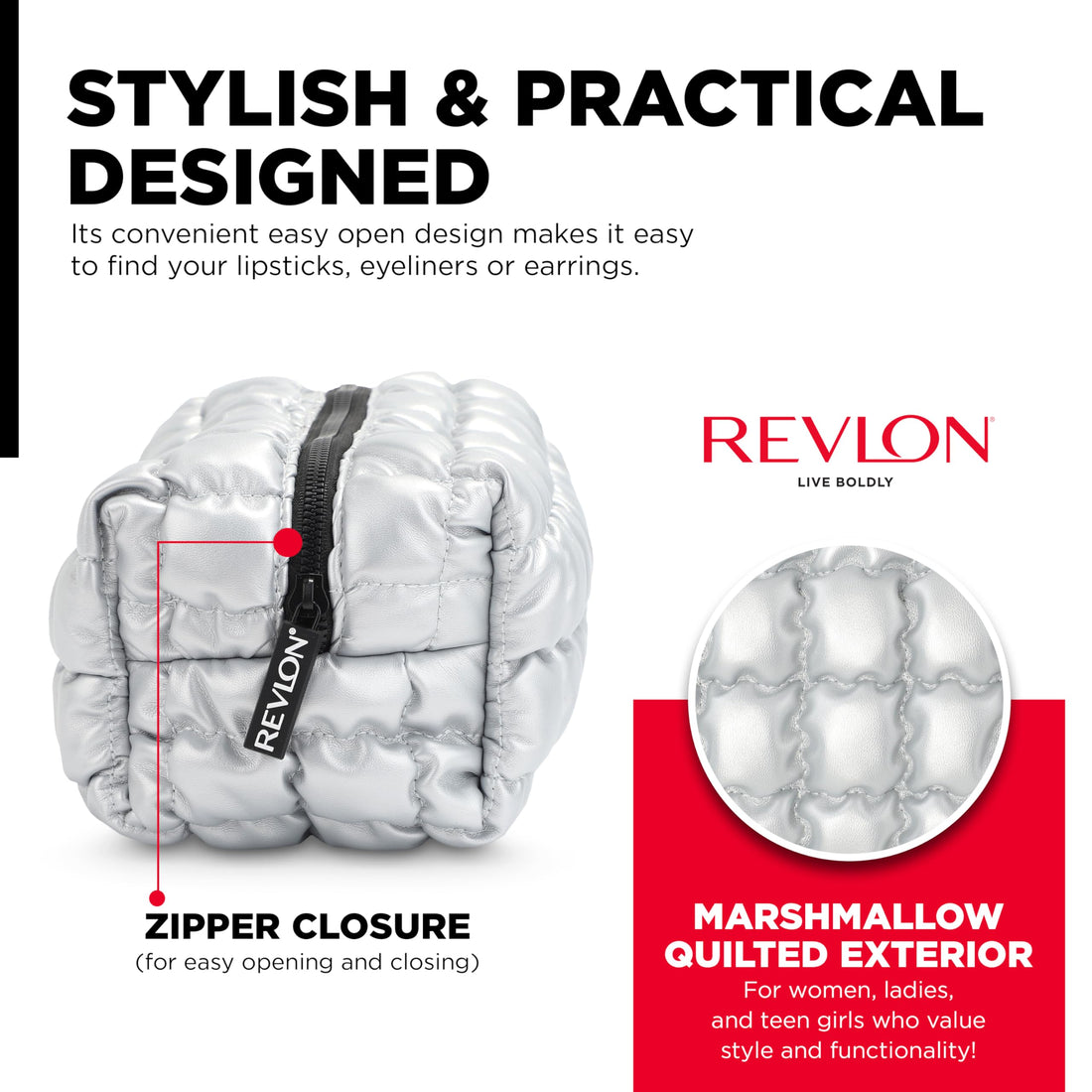 Revlon Quilted Makeup Bag - Marshmallow Quilted Makeup Pouch, Travel Makeup Organizer with Zipper, Cosmetic Bag, Mini Makeup Case, Toiletry Pouch, Lipstick, Makeup Brush Organizer Bag, Silver Metallic