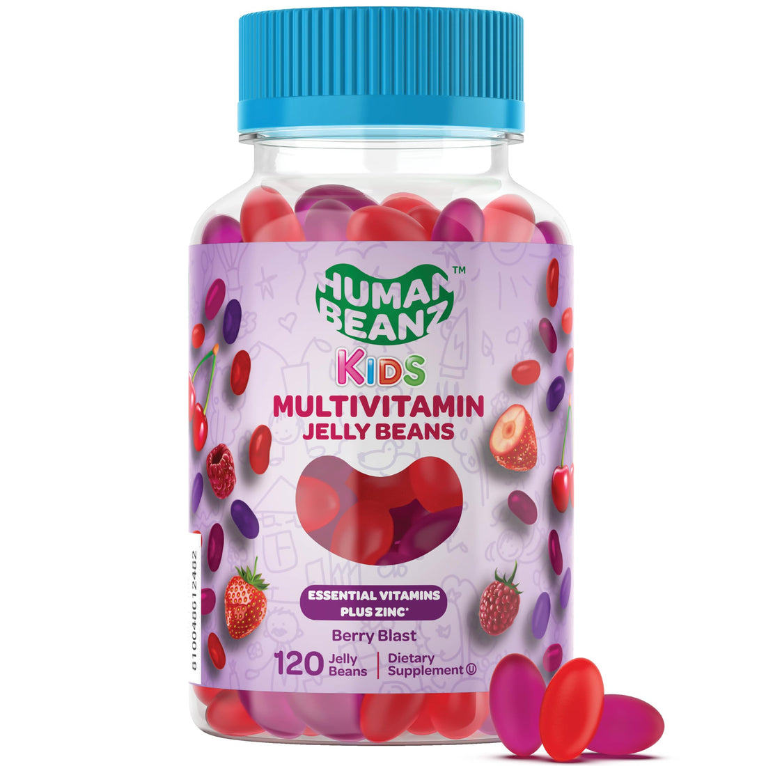 Human Beanz Multivitamin Jelly Bean Gummies with Zinc for Kids, Immune Support Dietary Supplements, Vegetarian, 120 Berry Blast Jelly Beans, Kosher