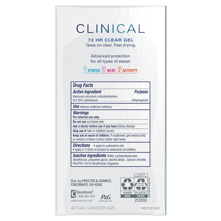 Secret Clinical Strength Clear Gel Women's Antiperspirant and Deodorant Stress Response, 1.6 Ounce (Pack of 3)