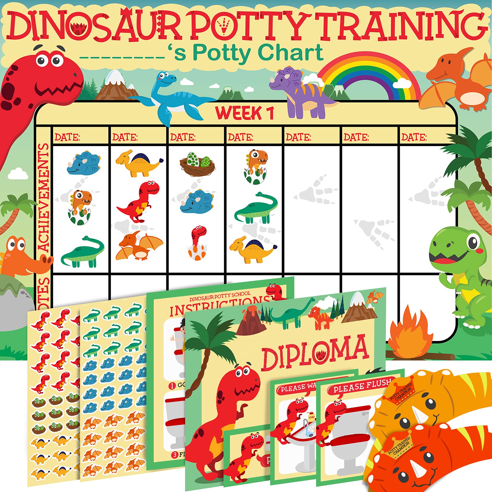 Potty Training Chart for Toddlers, Dinosaur Design Reward Chart - 194 Cool Stickers, 2 Fun Crowns, Motivational Certificate, Bonus Instruction Cards, Booklet & Erasable Pen for Boys and Girls
