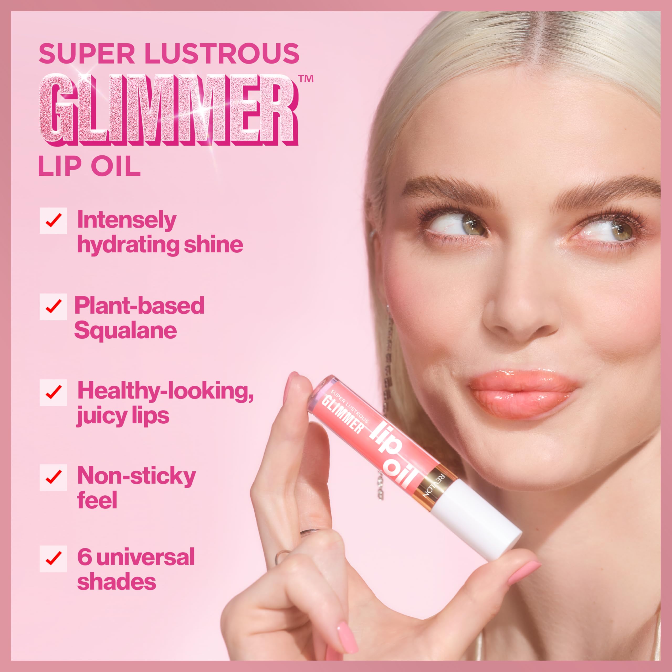 REVLON Super Lustrous Glimmer Lip Oil, Moisturizing & Tinted, Shiny Finish, Made with Plant-Based Squalane, 001 Candy Hearts, 0.13 fl oz