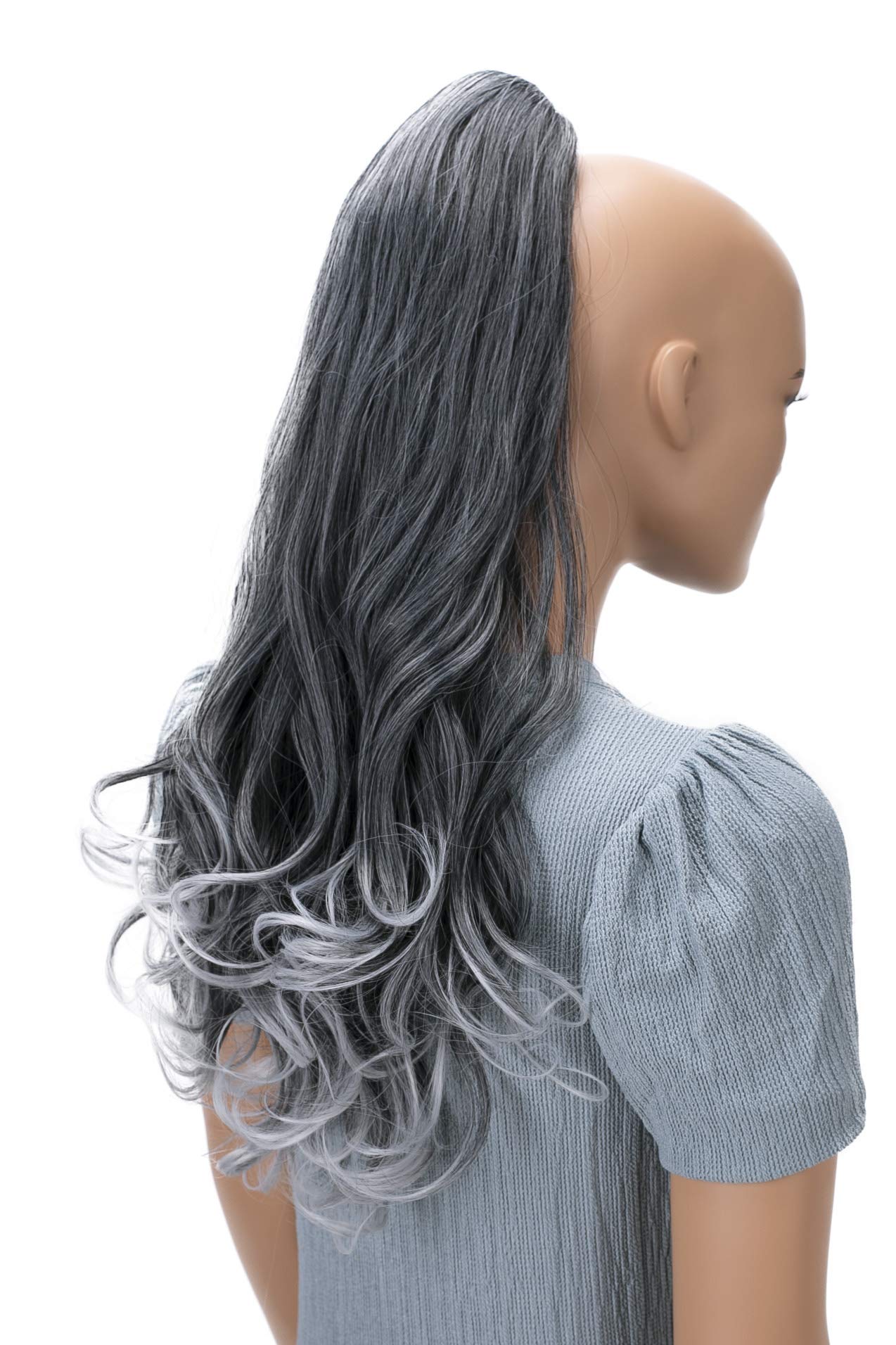 PRETTYSHOP 24 Hairpiece Ponytail Pigtail Clip On Extension Voluminous Wavy Gray Black Mix H505