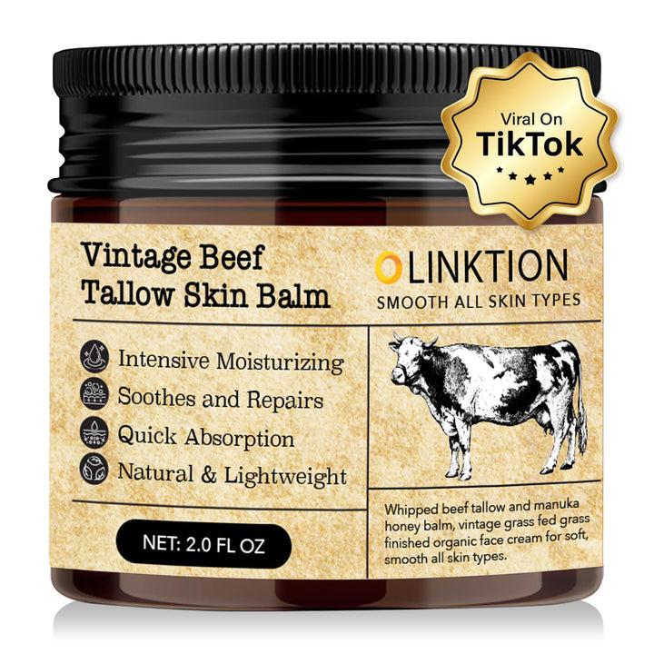 LINKTION Beef Tallow Honey Balm for Skin:100% Grass-Fed Beef Tallow Moisturizer For Face and Body Vintage Tallow Balm With Olive Oil Manuka Honey For Sensitive Dry Skin Repair - 2 oz