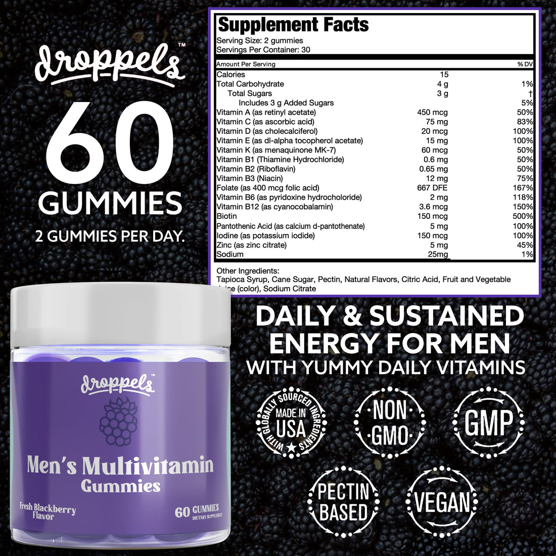 Droppels Men's Multivitamin Gummies with Folic Acid, Vitamins A, D, C, E, K, B6, B12, Biotin & More | Vegan, Non-GMO & Pectin-Based | Fresh BlackBerry Flavor, 60 Count