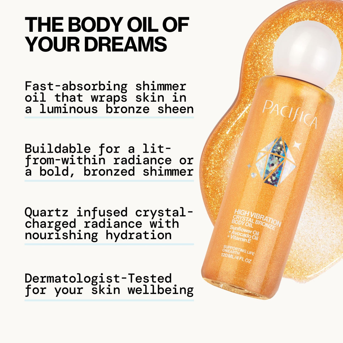 Pacifica Bronzing Body Oil – Crystal Bronze Shimmering Oil for Natural Sun-Kissed Glow, Hydrating Body Illuminator, Vanilla Coconut Scent, Vegan & Cruelty-Free, Clean Beauty, 4 fl oz