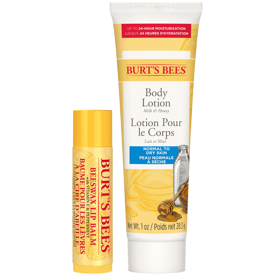 Burt's Bees Hive Favorites Beeswax Holiday Gift Set, Beeswax Lip Balm and Travel Size Body Lotion with Milk and Honey