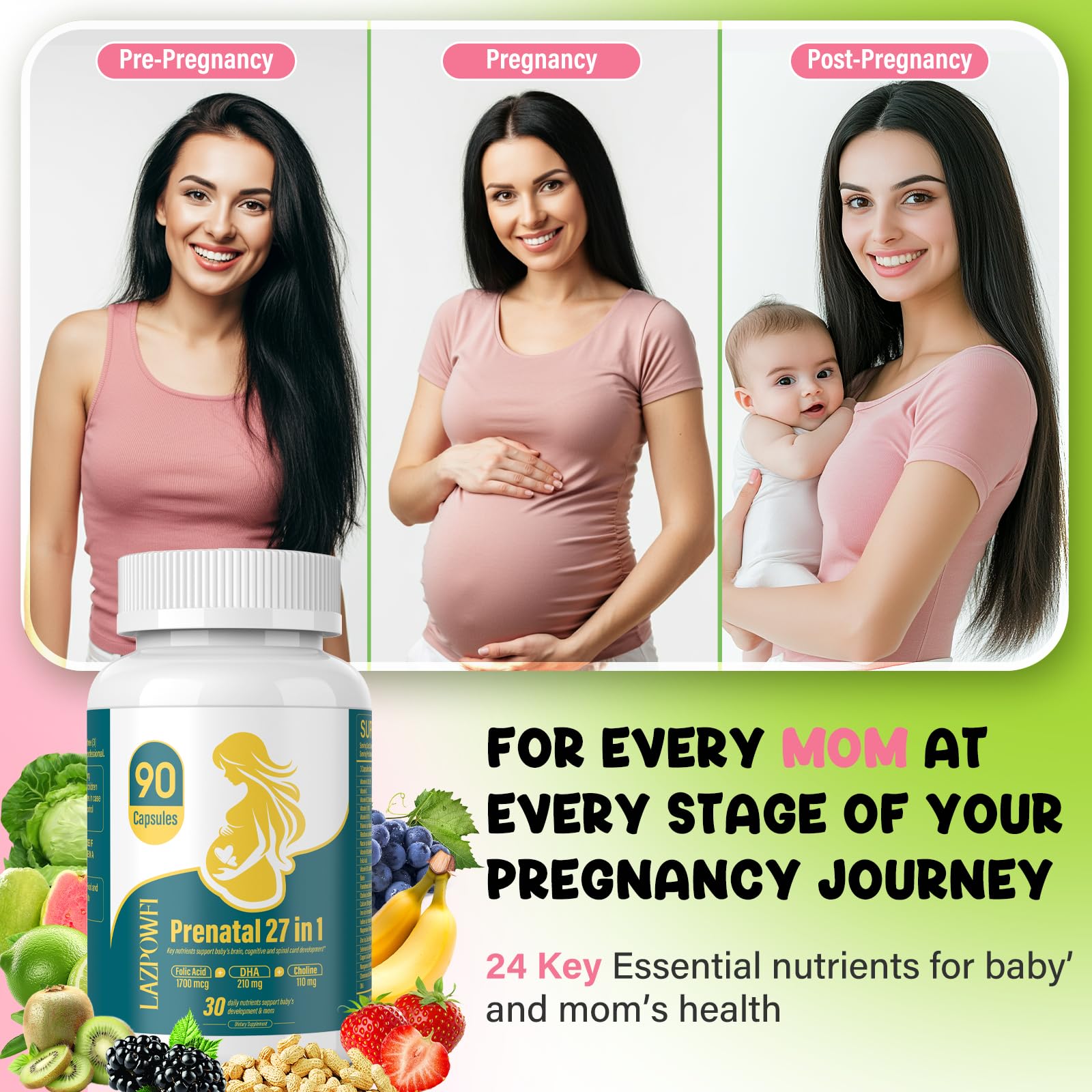 Lazpowfi Prenatal Vitamins for Women Postnatal Multivitamin with Folic Acid DHA Choline for Pregnant and Breastfeeding Women Niacinamide Biotin and Minerals 27 in 1 Supplement 90 Capsules-30 Servings