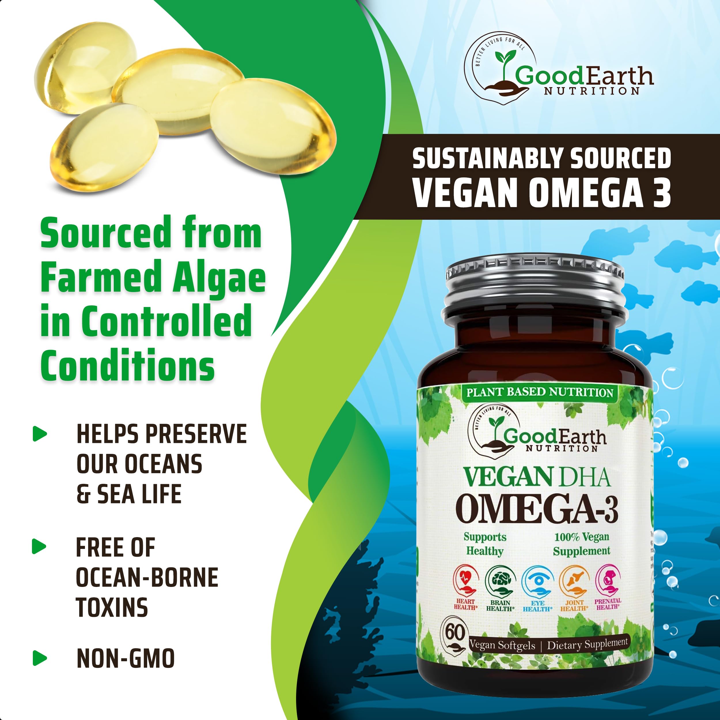 Algal Oil - Vegan DHA Omega 3 Fish Oil Supplements - Brain Booster,Joint Supplement & Prenatal Vitamin -Provides Healthy Heart & Immune Support - Burpless Algae Supplement - 60 Mini Fish Oil Softgels