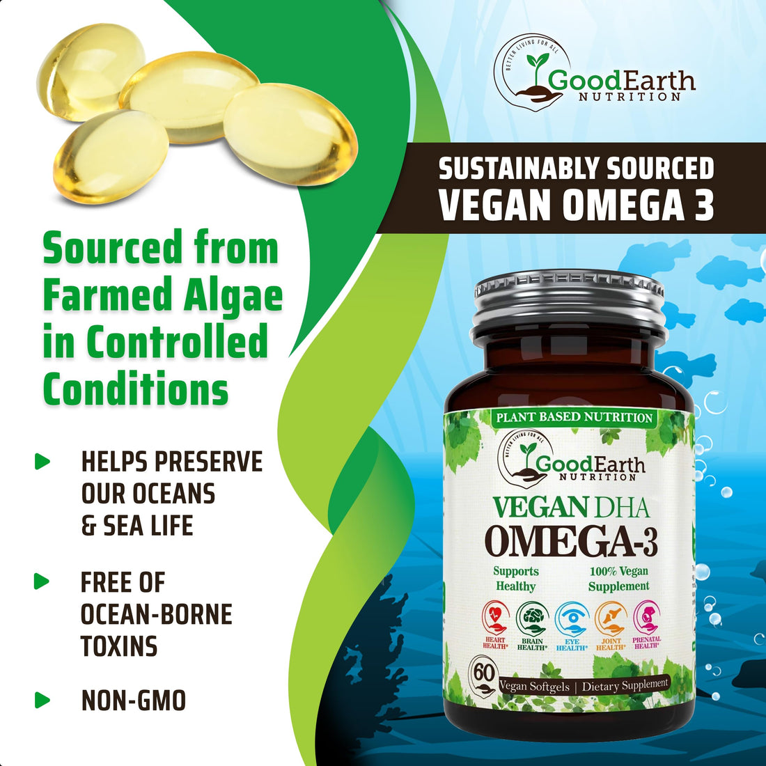 Algal Oil - Vegan DHA Omega 3 Fish Oil Supplements - Brain Booster,Joint Supplement & Prenatal Vitamin -Provides Healthy Heart & Immune Support - Burpless Algae Supplement - 60 Mini Fish Oil Softgels