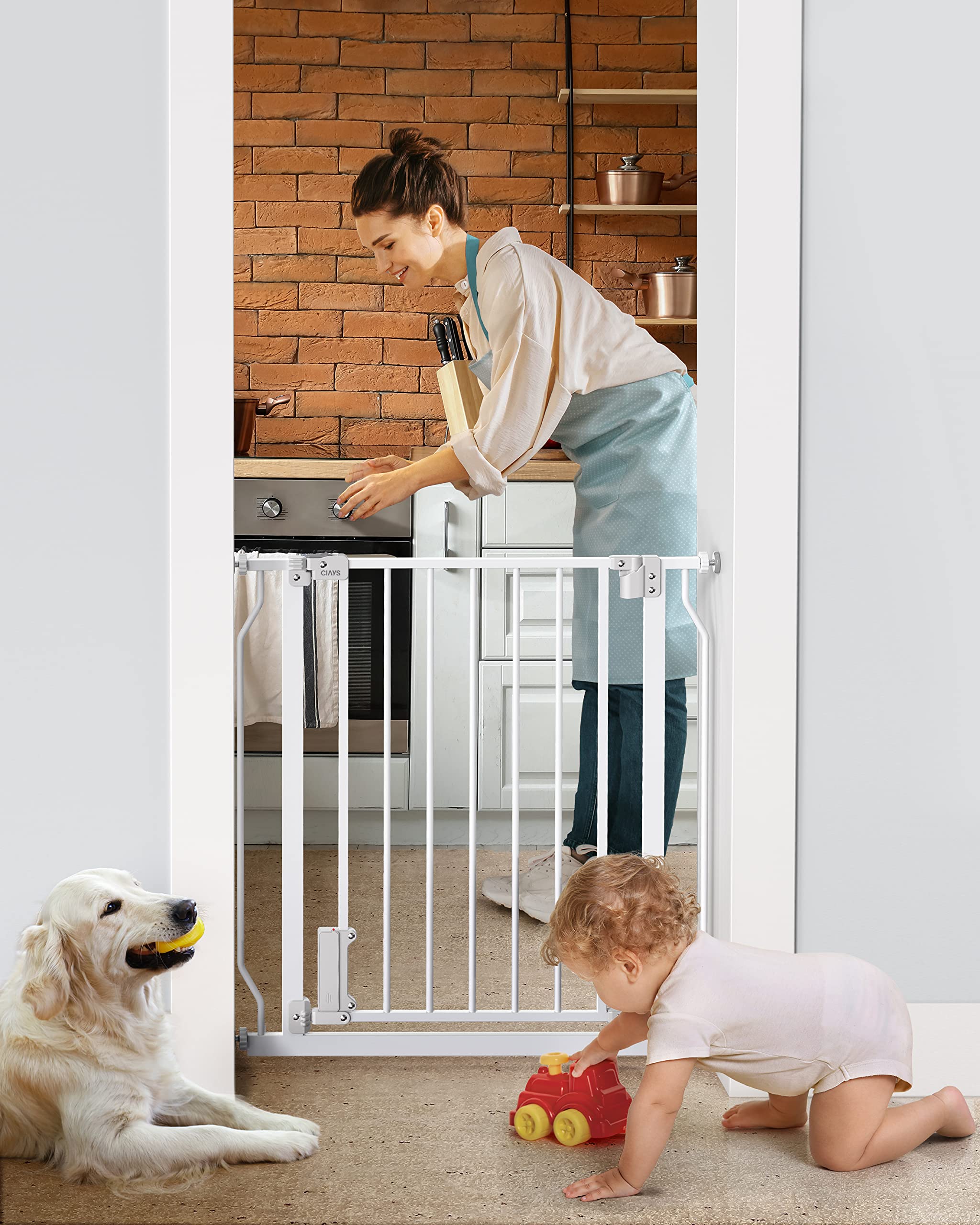 Ciays Baby Gate 29.5” to 37.4”, 30-in Height Extra Wide Dog Gate for Stairs, Doorways and House, Auto-Close Safety Metal Pet Gate for Dogs with Alarm, Pressure Mounted, White