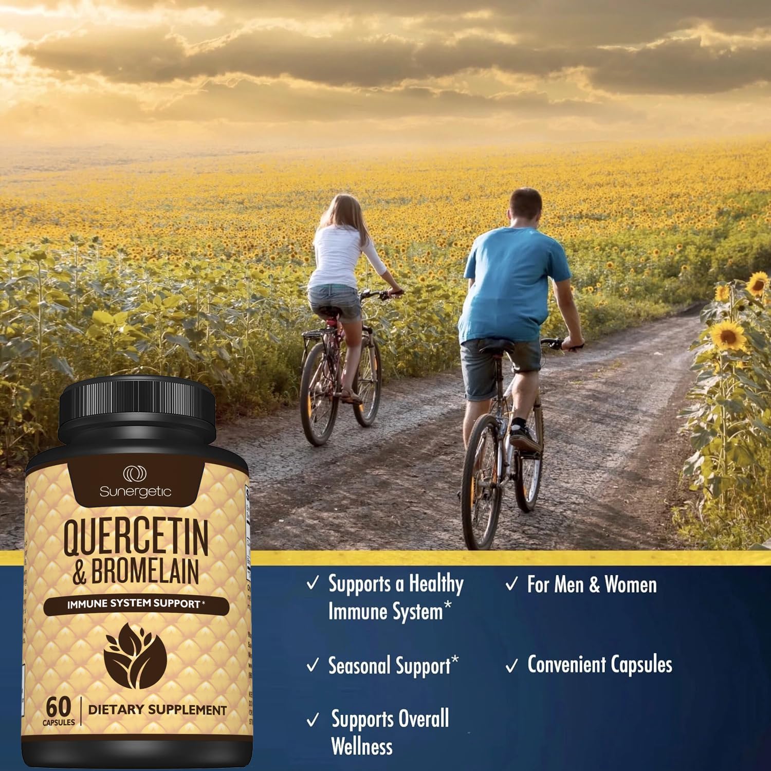 Sunergetic Premium Quercetin & Bromelain Supplement – Powerful Quercetin Bromelain Complex to Help Support Immune System & Seasonal Support – Quercetin 1000mg Per Serving – 60 Capsules