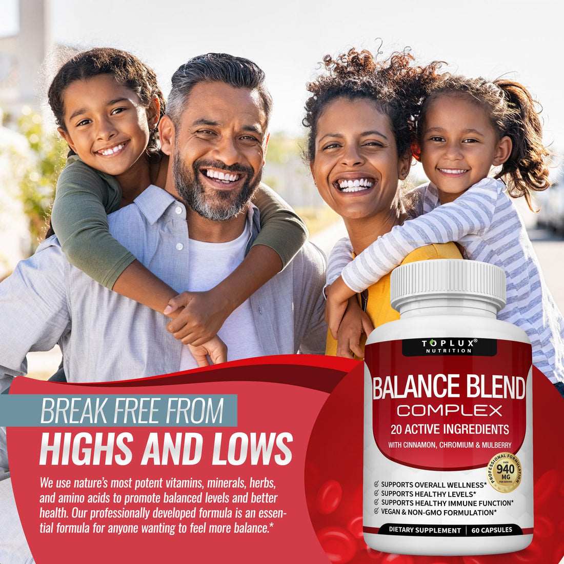 Premium Natural Complex Supplement - Natural 20 Herbs and Vitamins with Cinnamon Non-GMO Vegan, for Men Women, 60 Capsules