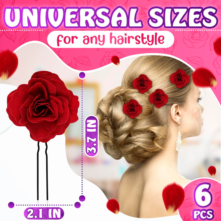 Buorsa 6Pack Elegant Red Rose Bridal Hair Clips Wedding Women and Girls Hair Accessories Bridesmaids Headpiece