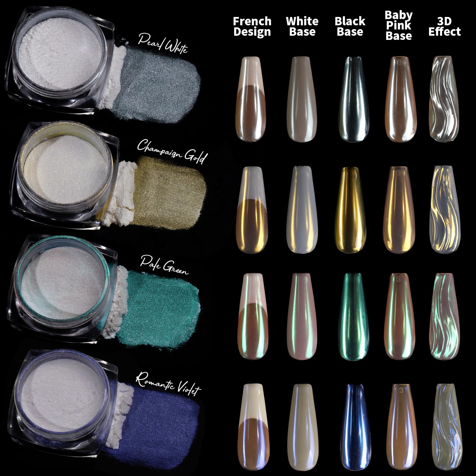 Teenitor Pearl Chrome Nail Powder Kit, 4pcs Nail Chrome Powder for Nails, Chrome Powder for Gel Nails, Cromer Nail Powder Art Nail Art Kit White Chrome Nail Powder, Chrome for Nails