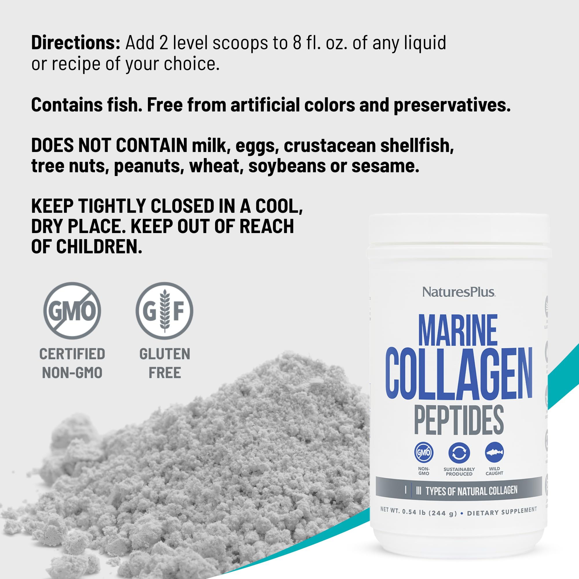 Natures Plus Marine Collagen Peptides, Unflavored - 0.54 lb - Hair, Skin, Nail & Joint Health, Immune System Support - Gluten Free, Non-GMO - 20 Servings