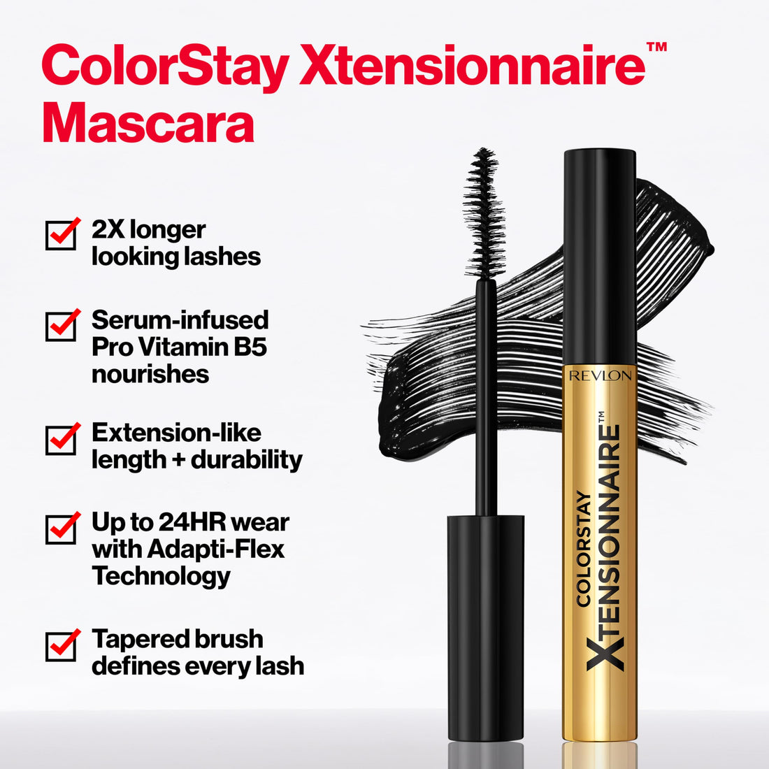 Revlon ColorStay Xtensionnaire Lengthening Lash Serum and Mascara In One, Tapered Brush for 2X Longer Looking Eyelashes, Infused with Pro Vitamin B5, Smudge-Proof, 203 Black Brown