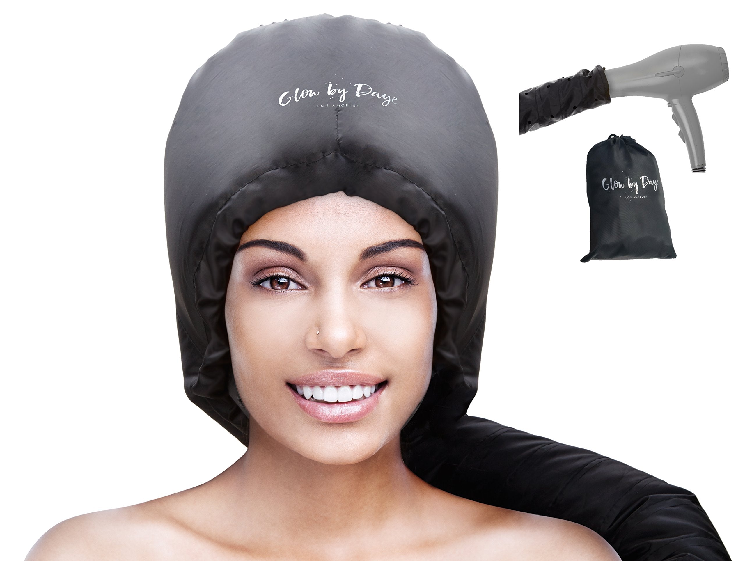 Glow By Daye Bonnet Hood Hair Dryer Attachment- Soft, Adjustable Extra Large Hooded Bonnet for Hand Held Hair Dryer with Stretchable Grip and Extended Hose Length (Black)