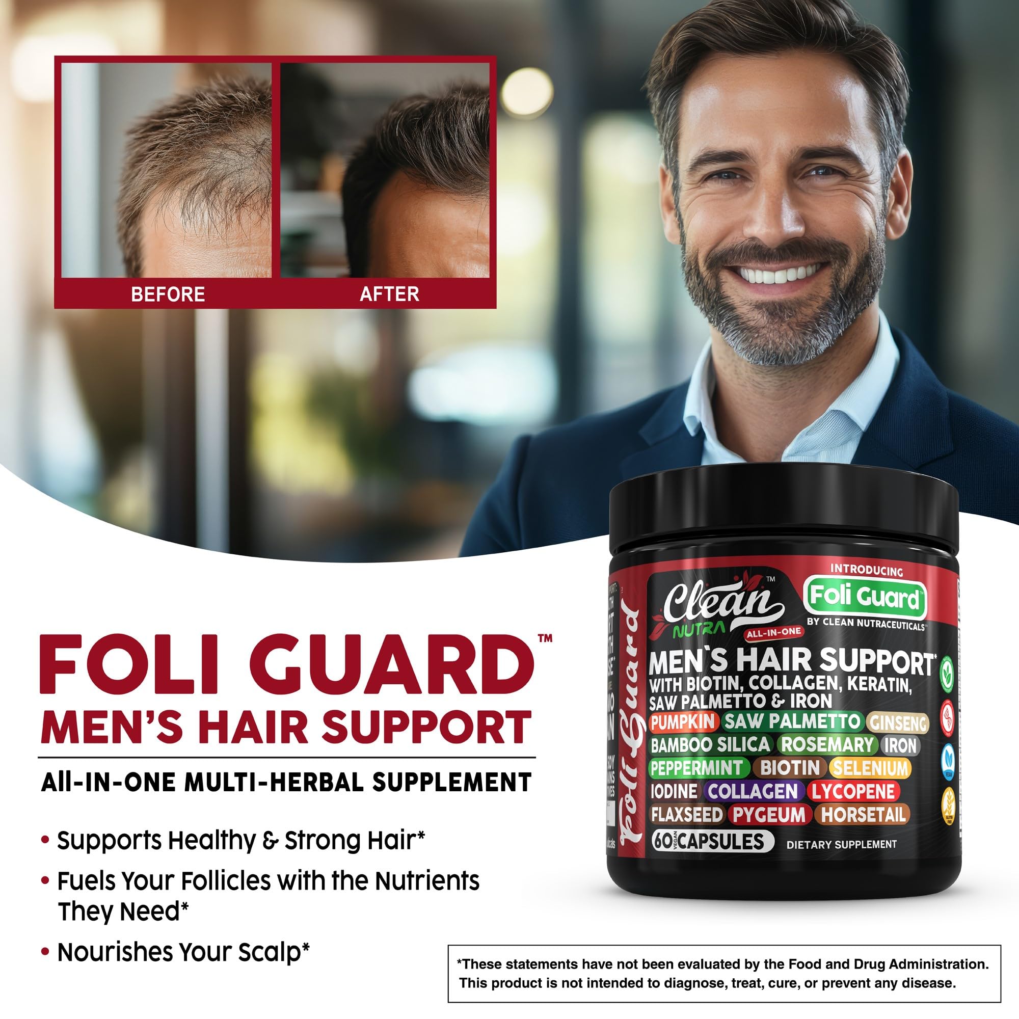 Hair Growth Supplement for Men | Biotin Collagen Keratin Saw Palmetto Iron Pumpkin Ginseng Bamboo Silica Rosemary Peppermint Selenium Iodine Flaxseed Horsetail Vitamin A C D3 E B12 by Clean Nutra (1)